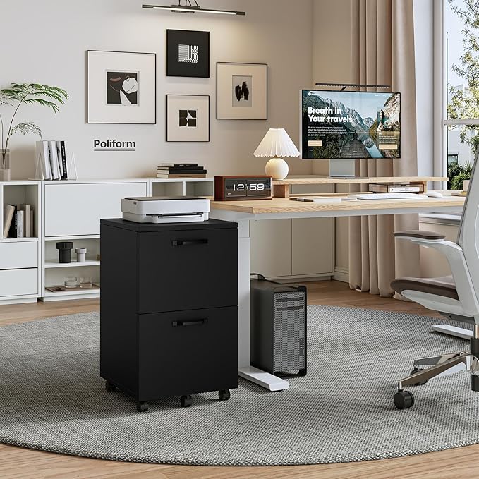 Sweetcrispy 2 Drawer Filing Cabinet Black Rolling Wood File Cabinets with Printer Stand Under Desk Storage Lockable Wheels Home Office Organizer