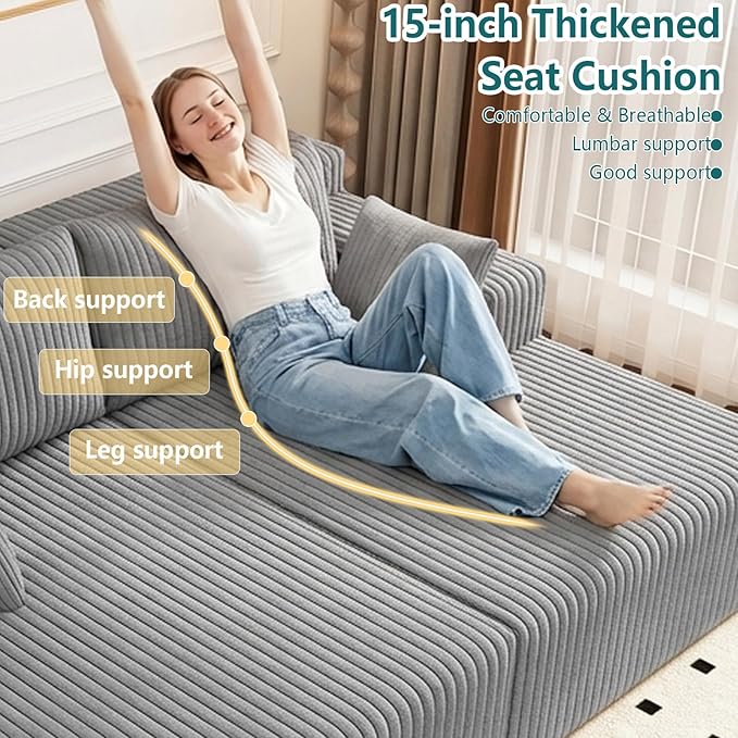 70.8 Oversized Double Chaise Lounge Indoor Upholstered Deep Seat Cloud Couch Corduroy Lounge Chair Modern Sofa Bed Loveseat Sleeper Chair for Living Room Bedroom Apartment Light Gray