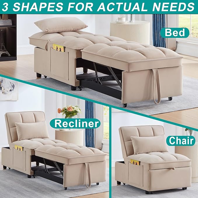 4 in 1 Sleeper Chair with Pullout BedConvertible Lazy Sleeper Sofa Chair withStorage Pockets &amp Adiustable Backrest forLiving Room (Taupe)