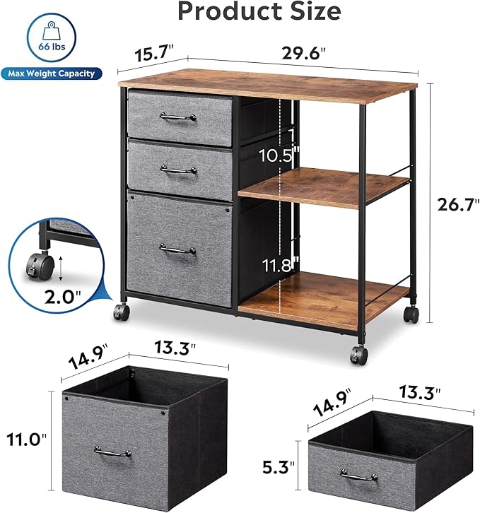 DEVAISE 3 Drawer Mobile File Cabinet Rolling Printer Stand with Open Storage Shelf Fabric Lateral Filing Cabinet fits A4 or Letter Size for Home Office Rustic Brown