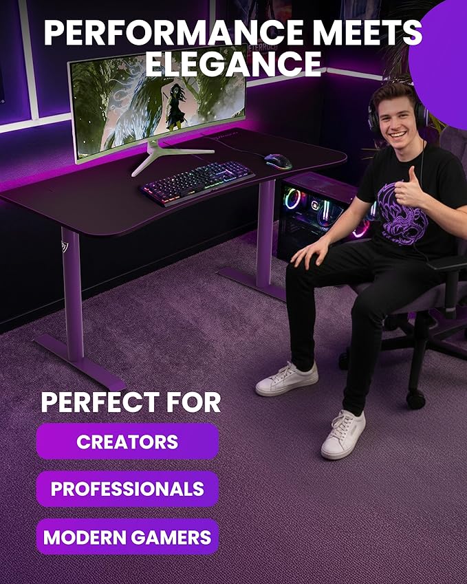Arozzi Arena Medium Gamer Desk - 55x30” Steel Frame PC Gaming Desk with Storage for Cables &amp Dual-Monitor Support - Full-Surface Washable Mousepad - Purple