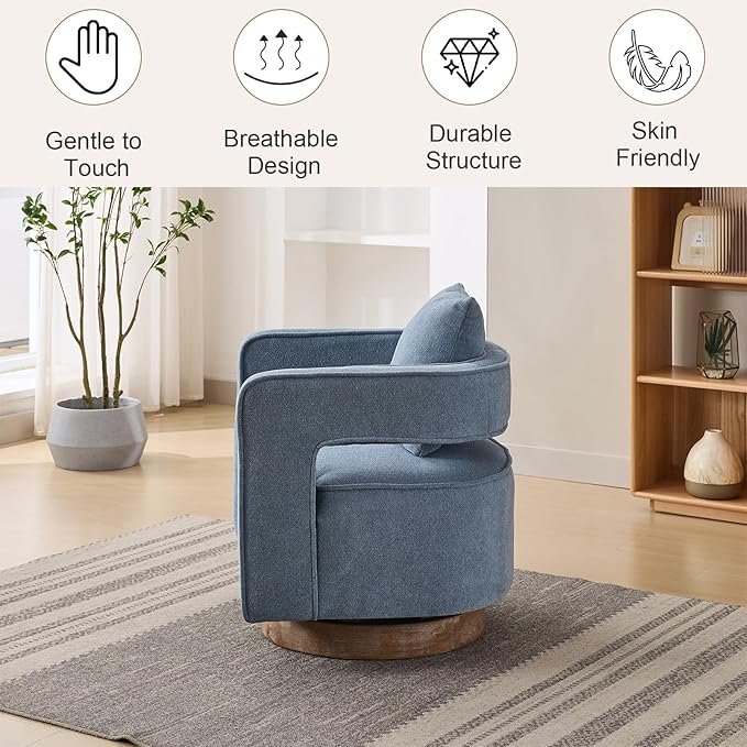 Swivel Accent Chairs for Living Room Upholstered 360° Round Barrel Arm Chair with Open Back &amp Wood Base Comfy Linen Blend Square Single Club Chair for Bedroom Office Hotel Reception (Blue)