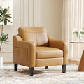 PU Leather Accent Chair Mid-Century Modern Living Room Armchair Sofa with Removable Cushions Solid Wood Frame &amp Stitched Armrest Design Bedroom Chair with Plastic Legs Brown