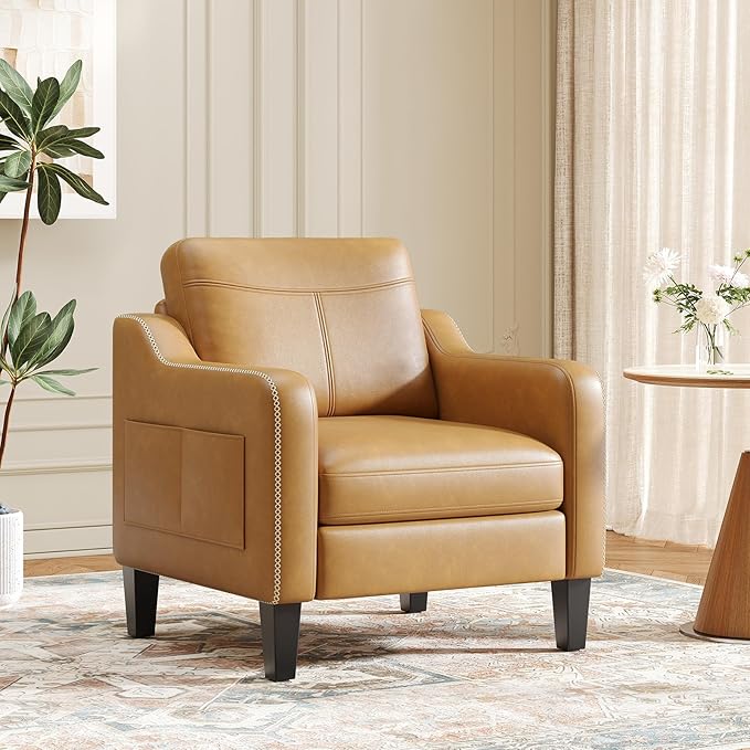 PU Leather Accent Chair Mid-Century Modern Living Room Armchair Sofa with Removable Cushions Solid Wood Frame &amp Stitched Armrest Design Bedroom Chair with Plastic Legs Brown