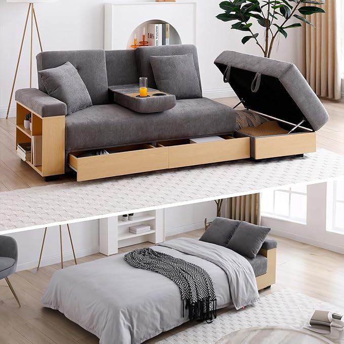 JOYBASE Modular Sectional Sofa Couch with Storage Ottoman 3-Seater Convertible Sofa Bed with Reversible Armrest Drawers and Cup Holders for Apartment Living Room (Grey)