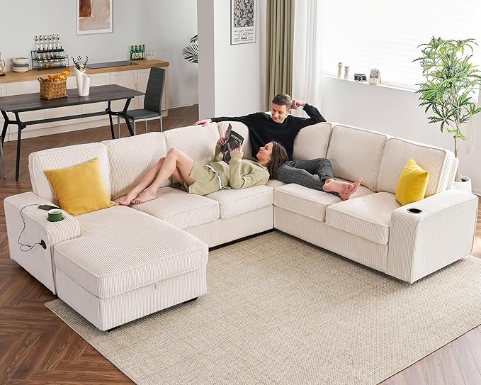 PaPaJet U Shaped Couch 112 Inch Oversized Couch with Storage Chaise Sectional Sofa with Cup Holders &amp 2 USB Ports Corduroy Beige Sofa