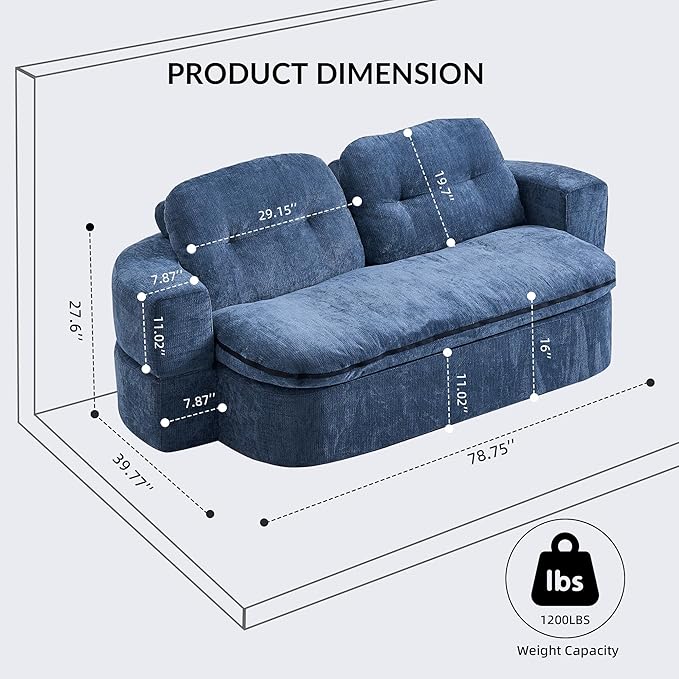 Kuahisoofa 78 Memory Foam Convertible Sofa Bed with Built-in Quilt Foldable Floor Couch Sleeper for Guests Room &amp Living Room Boneless Futon Cloud Sofa for Small Spaces Blue