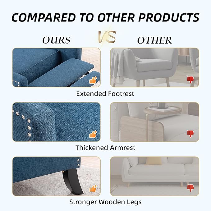 Wing Back Recliner Chair for Living Room Push Back Reclining Chairs Club Accent Chair Lounge Armchair Comfy Fabric Arm Chair with Rivet Decoration Tufted Back Solid Wood Legs Blue