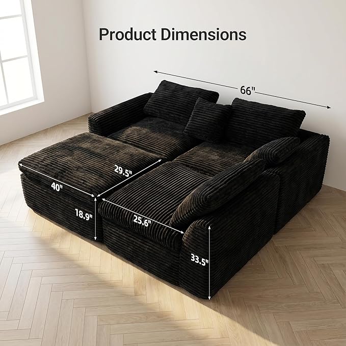 Boneless L-Shaped Modular Couch - 108 Inch Cloud Corduroy Sectional SofaDeep Seating Comfort No Assembly Ideal for Apartments &amp Living RoomsBlack