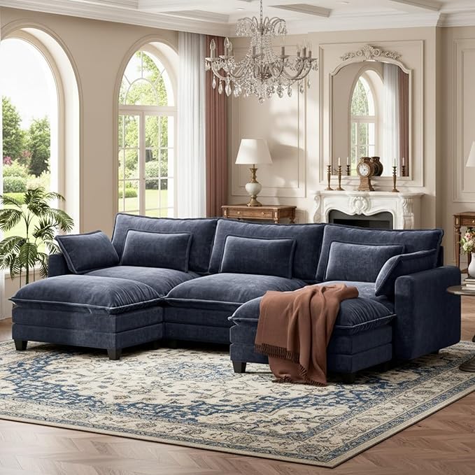 Marsail Modular Sectional Sofa 110.6 U-Shaped Modern Comfy Cloud Couch 5-Seat Chenille Deep Seat Sofa with Throw Pillow &amp Movable Ottoman for Living Room Bedroom and Apartment Navy Blue