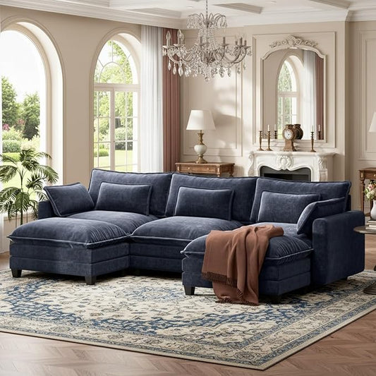 Marsail Modular Sectional Sofa 110.6 U-Shaped Modern Comfy Cloud Couch 5-Seat Chenille Deep Seat Sofa with Throw Pillow &amp Movable Ottoman for Living Room Bedroom and Apartment Navy Blue