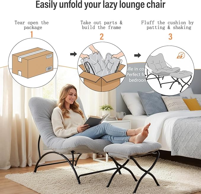 Tiita Accent Lazy Chair with Ottoman Comfy Lounge Chair with Metal Frame and Plush Fabric Thick Cushion Seated Cozy Recliner Chair for Reading Room Living Room Bedroom Office Light Gray