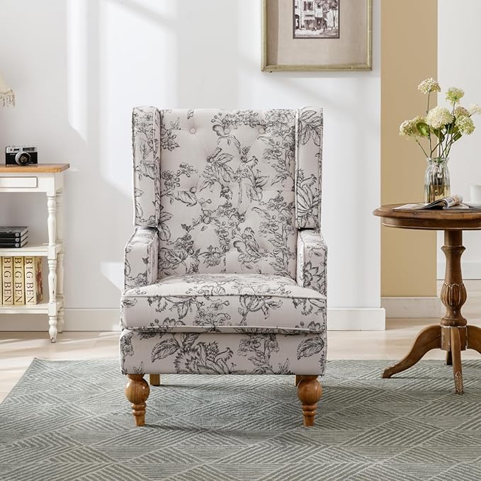 LukeAlon Button Tufted Linen Accent Chair Upholstered Club Chair with Wooden Legs Vintage High Wingback Reading Chair Comfy Armchair with Pocket for Living Room Bedroom Floral Beige