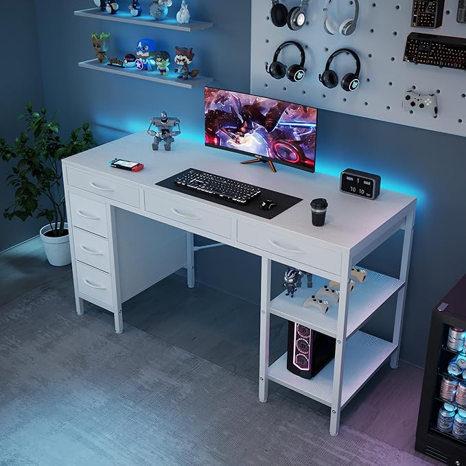 Sweetcrispy 55 Computer Desk with 6 Drawers Home Office Gaming Desks with Storage Shelves for Bedroom Writing Study Corner Living Room Work Table White