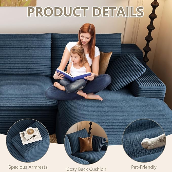 107 Cloud Couch Modular Sectional Couchs with Chaise Lounge L-Shape Boneless Couches for Living Room Corduroy Sofa with Deep Seat No Assembly Required (Blue Right Facing Chaise)
