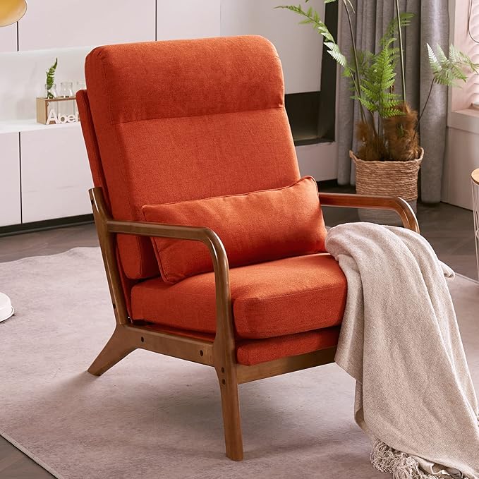 Hommoo Arm Chair Modern Accent Chair Comfy Linen Fabric Reading Chair High Back Leisure Chair with Wood Frame Accent Chair for Living Room Bedroom Balcony Orange