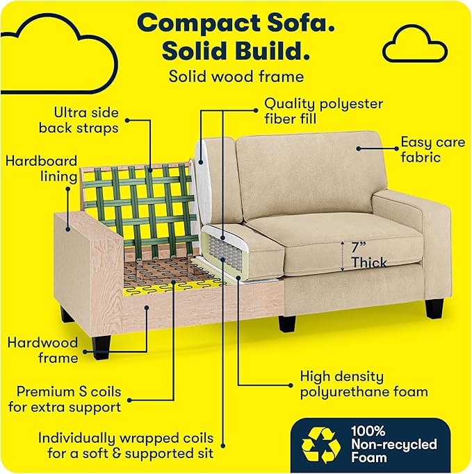 Serta Palisades 73 Track Arm Sofa Easy Care Polyester Soft Pillow Back Pocket Coil Seat Cushions Removable Covers Loveseat or Couch for Small Spaces Living Rooms or Bedrooms Sand Beige