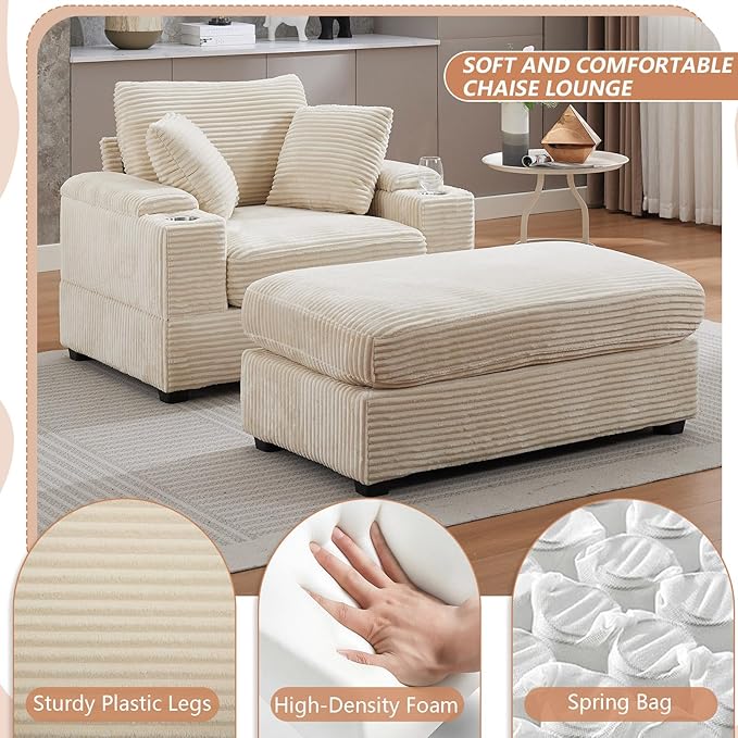50 Oversized Chaise Lounge Chair Indoor with Ottoman and Storage Deep Seat Upholstered Reading Chair Comfy Corduroy Sleeper Chair with Cup Holder Reclining Chair for Living Room Bedroom Beige