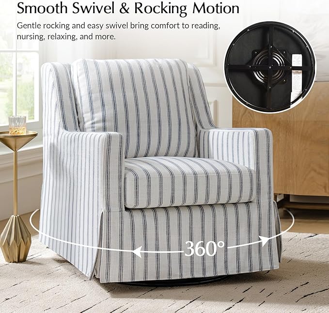 HULALA HOME Swivel Rocker Chair Farmhouse Swivel Rocking Accent Chair with Washable Slipcover Striped Fabric Barrel Armchair with Down Filled Cushions Navy