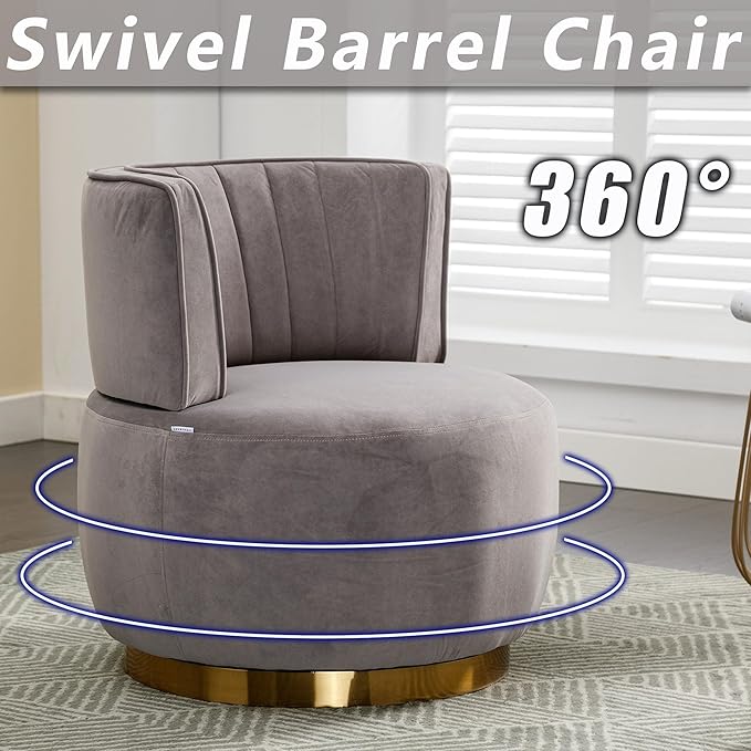Small Barrel Chair Swivel Barrel Chair with Thicken Backrest Round Accent Chair for Living Room Bedroom Office Comfortable Velvet Fabric Soft High-Density Foam Padding (Gray)
