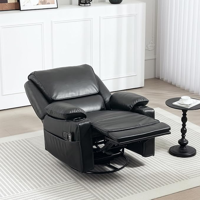 HOMCOM Swivel Rocker Recliner Chair with Vibration Massage and Heat Oversized Ergonomic Lounge Chair with PU Leather Remote Footrest Cup Holders and Side Pockets for Living Room Black