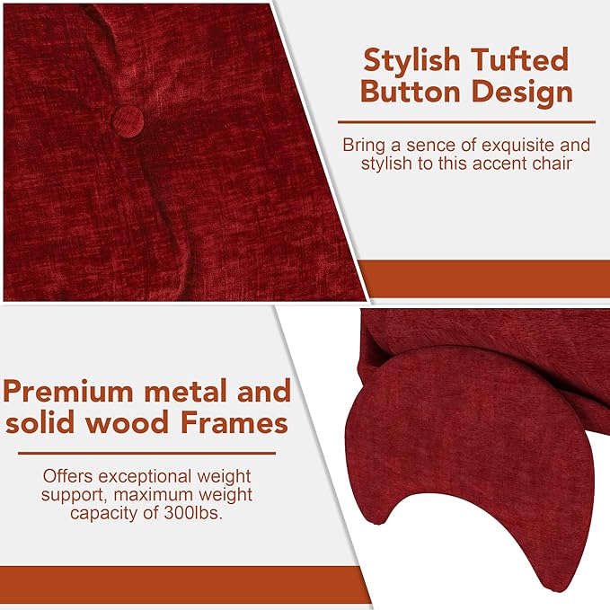thksbought Modern Accent Chair Red Chenille Mid Century Lounge Armchair with Button Tufted Back Comfy Luxury Crab Chair with Upholstered Seat for Bedroom Apartment Studio Office (Red 1PC)