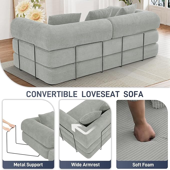 Convertible Sofa Bed Corduroy Memory Foam Compression Sofa Modular Floor Sofa with Pull-Out Bed Compressed Couch in Box Folding Sleeper Couches Bed for Living Room Bedroom Lounge Light Grey