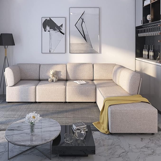 Mjkone 120'' Modular Sectional Sofa Couch U-Shaped Convertible Sofas with 2 Reversible Ottomans 6 Seat Modern Linen Fabric Sofa Couches with High Resilience Cushions for Living Room Home Beige
