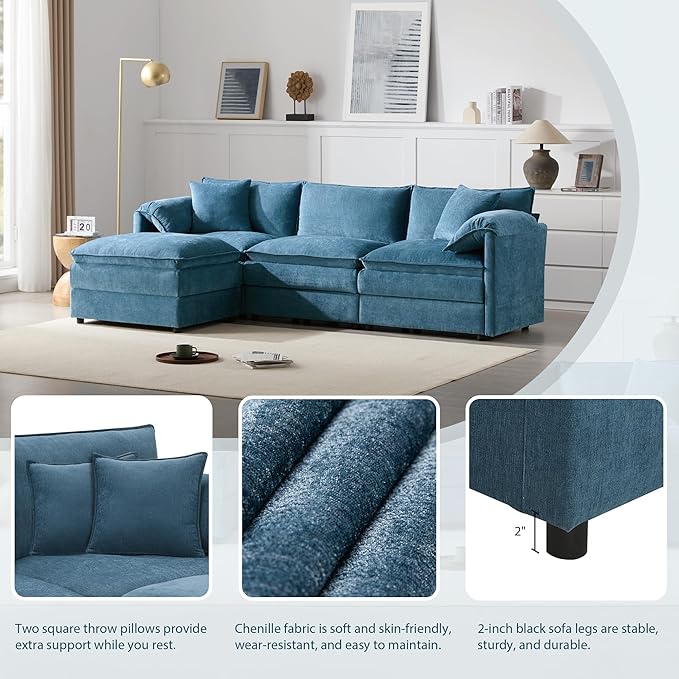 Modular Sectional Sofa 103.5 Inch L Shaped Couch for Living Room 4-Seater Comfy Chenille Cloud Couches with Movable Ottoman (Light Blue)