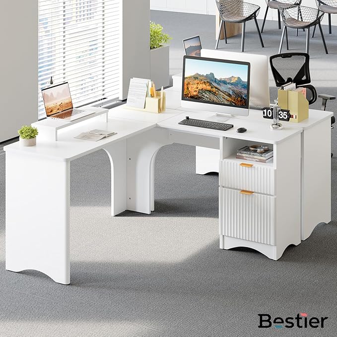 Bestier L Shaped Desk with File Drawer 55.7 x 55 Office Computer Desk with Round Corners Modern Desk with Monitor Stand &amp Fluted Panels for Home Office White