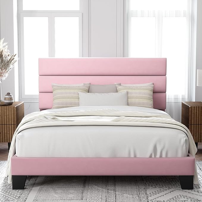Allewie Full Size Platform Bed Frame with Velvet Upholstered Headboard and Wooden Slats Support Fully Upholstered Mattress Foundation/No Box Spring Needed/Easy Assembly Pink