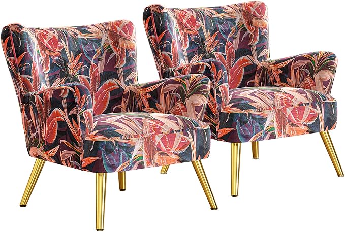 BELLEZE Modern Accent Chair High Back Floral Pattern Armchair with Metal Legs Upholstered Wingback Single Chair for Living Room Bedroom Office [Set of 2] - Holland (Red Floral)