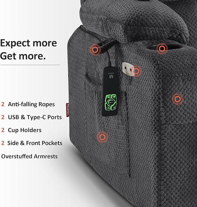 MCombo Dual Motor Power Lift Recliner Chair with Massage and Heat for Elderly People Infinite Position USB Ports Cup Holders Fabric 7890 (Medium Dark Gray)