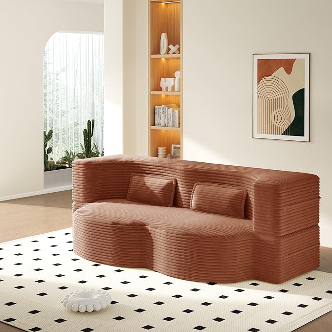 78” Floor Sleeper Sofa Bed Modern 2 in 1 Full Size Foldable Mattress with 2 Pillows Convertible Boneless Couch with Deep Seat for Living Room No Assembly Required (Orange &amp Corduroy) | No Assem
