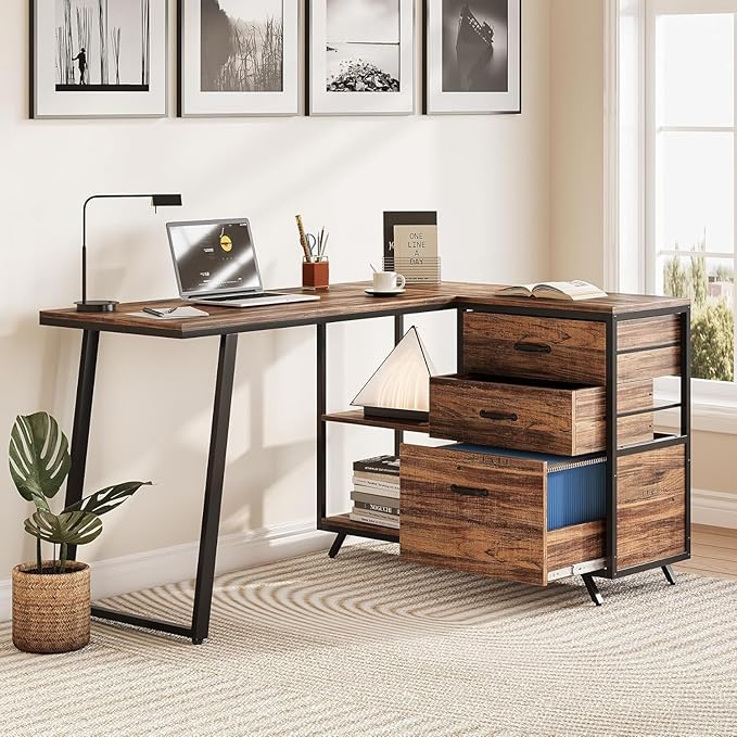 LITTLE TREE Reversible 53-inch L Shaped Desk with 3 Drawer Farmhouse Corner Desk Gaming Table with Shelves and File Cabinet for Letter Size &amp Legal Size File for Home Office and Small Space Brow