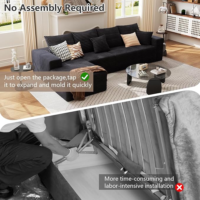 135.4 Cloud Sectional Couch with L-Shape Chaise Modern Corduroy Boneless Deep Seat Sofa 4-Seater Modular Sleeper Couch for Living Room Bedroom Apartment No Assembly (Black Left-Facing Chaise)