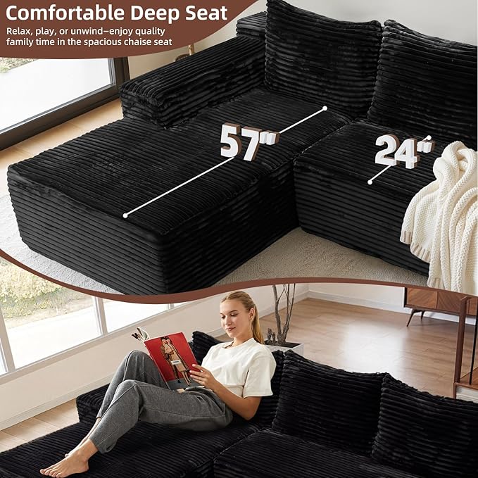 106'' Modular Sectional Sofa U Shaped Boneless Cloud Couch with Chaise and Ottoman 4-in-1 Flexible Combination Faux Rabbit Fur &amp Layered Cushion Deep Seat for Living Room No Assembly Black