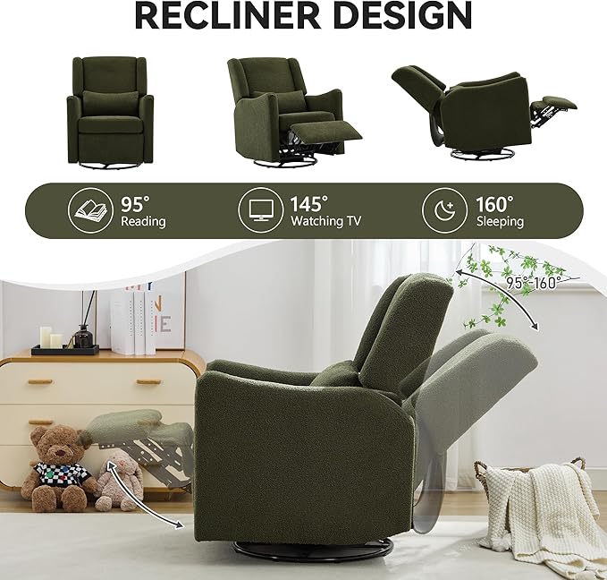 Modern Swivel Rocker Recliner Chair 29.5'' Wide Wingback Swivel Rocker Recliner Chair Linen Fabric Rocking Chair Nursery Chair for Living Room Apartment (Seaweed Green/79)