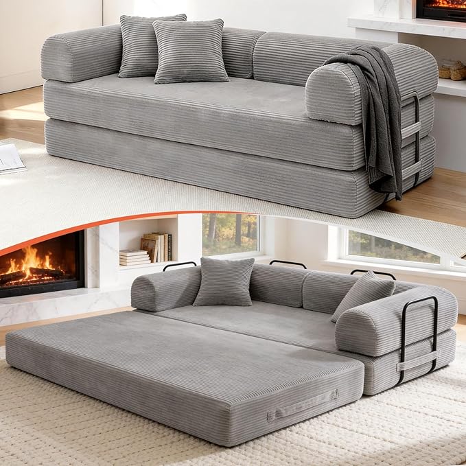 79 Corduroy Sofa Bed Boneless Couch in a Box with 2 Pillows High-Density Foam 4-in-1 Foldable Sleeper Futon Loveseat for Small Spaces No Assembly Side Pockets Light Grey
