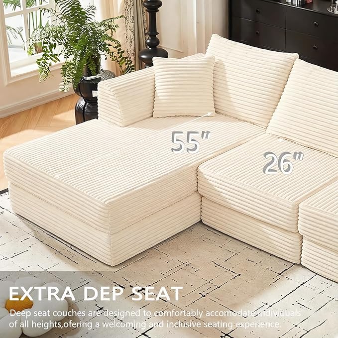 102 L-Shaped Modular Corduroy Cloud Sofa 3-Seater with Reversible Chaise Beige Memory Foam Cushion No Assembly Required
