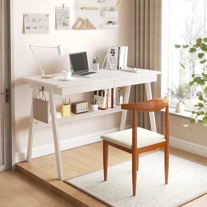 Solid Wood Desk with Drawers - 47.2 Inch Writing Desk with Drawers &amp Storage Shelf Simple Modern Study Table Home Office Computer Desks for Bedroom &amp Home White Desks
