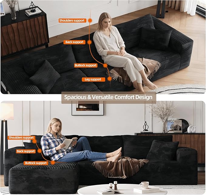 Boneless Sectional Couch Black L Shape Sofa Ottoman with Recliner Bed Memory Foam Modular Cloud No Bones in a Box Boundless Comfort for Living Room Compression Corduroy Fabric Deep Seat Easy Assembly
