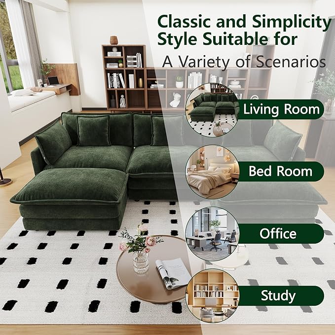 146.5 Chenille Modular Sectional Sofa Comfy Cloud Couch Sectional Sofa Modern 4 Seat Deep Seat Couch for Living Room Bedroom Apartment (Green 146.5Inch-U Shape)