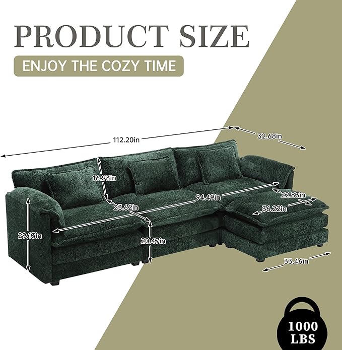 Modular Sectional Sofa Cloud Couch 112 L-Shape Sofa Chenille Comfy Upholstered with Removeable Ottoman and 3 Pillows for Living Room Emerald