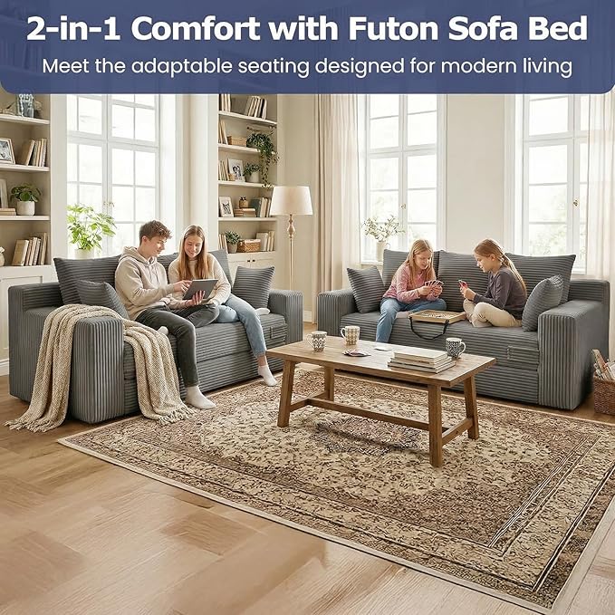 Boneless Couch for Living Room 3 Seater Convertible Futon Sofa Bed Comfy Pull Out Couch with 5 Pillows &amp Detachable Washable Cover Upholstered Floor Sofa in A Box No Assembly Required Grey