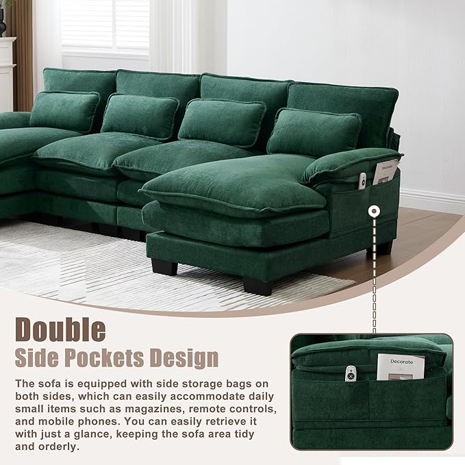 U Shape Sectional Sofa Cloud Couch 107.9 Modern Chenille Comfy Modular Sofa 4 Seat Upholstery Sleeper Sofa with Double Chaise for Living Room Emerald Green
