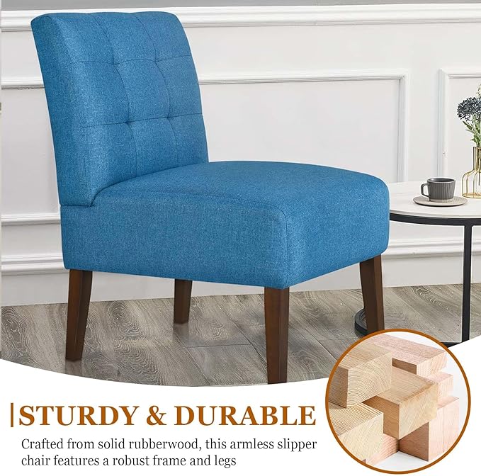 Modern Accent Chair for Living Room Upholstered Armless Slipper Chair with Back &amp Wood Legs Comfy Small Chair for Bedroom Living Room Reading Spaces Office (Blue2)