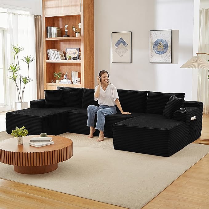 134 U-Shaped Cloud Couch Sectional Oversized Modular Boneless Sleeper Sofa with Side Pockets &amp Cup Holders 4-Seater Modern Deep Seat Corduroy Couch for Living Room No Assembly Required Black