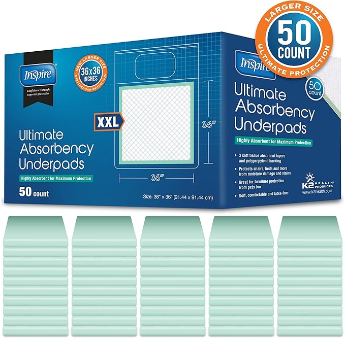 Inspire Extra Large Super Absorbent Disposable Bed Pads for Chronic Incontinence Ultra Thick and Absorbent Bed Pads Disposable Adult | Pee Pads for Adults (36 X 36 Pack of 50)