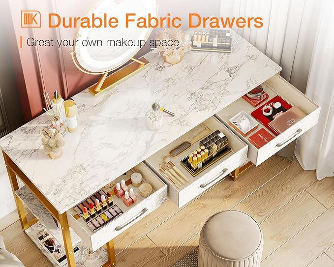 ODK Vanity Desk with 3 Fabric Drawers &amp Storage Shelves Makeup Dressing Table Home Office Desks for Bedroom Small Modern Writing Desk for Girls Bedroom White and Gold 48x16 (No Mirror)